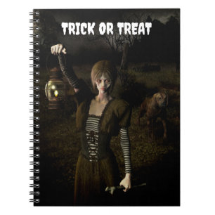 Carnet Trick or Treat. Femme mince portant une lampe