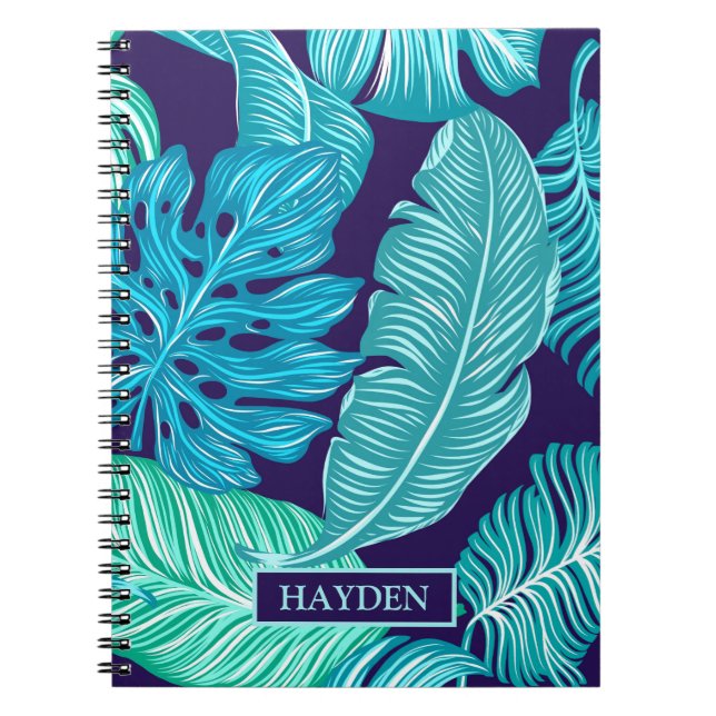 Carnet Tropical Green Blue Leaves Pattern Personalised (Devant)