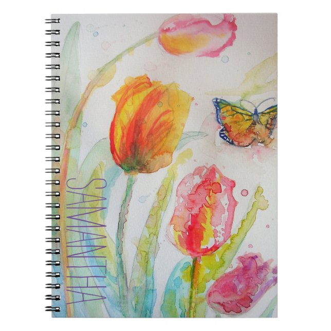 Carnet Tulipes roses Tulipes Florales Aquarelle Femme Nom (Devant)