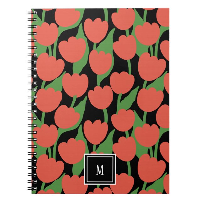 Carnet Tulipes rouges rétro, monogramme personnalisé (Devant)