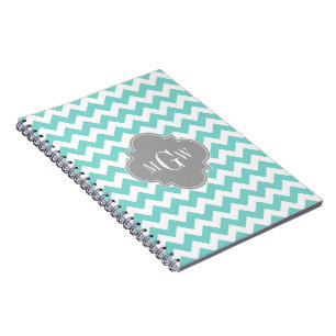 Carnet Turq / Aqua Blanc Chevron Gris 3 Monogramme Initia