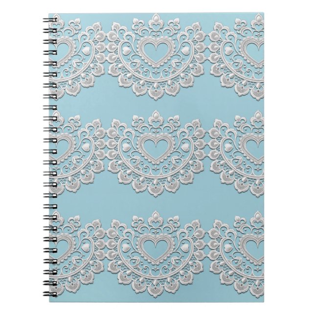 Carnet Turquoise Bleu Blanc dentelle Coeur Mariage (Devant)