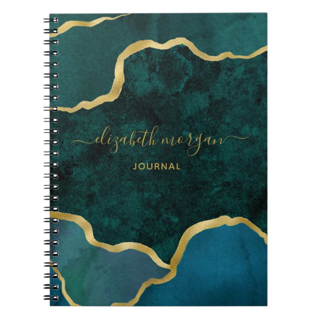 Carnet Turquoise Green Gold Parties scintillant Agate Nom (Devant)