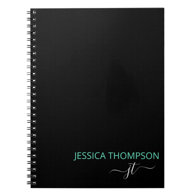 Carnet Turquoise Noir Simple Script Monogramme Nom (Devant)
