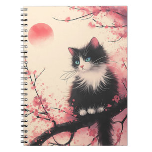 Carnet Tuxedo Chat sur la fleur de cerise esthétique japo