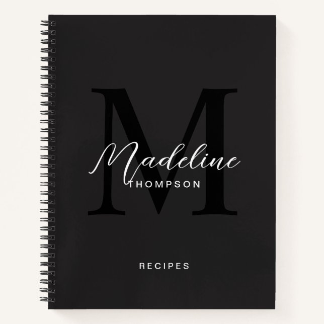 Carnet Typographie noir moderne Monogramme Recette (Devant)