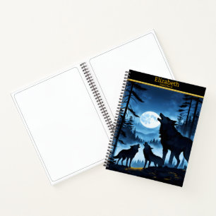 Carnet Une nuit sereine avec des loups hurlant sur la lun