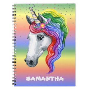 Carnet Unicorne Arc-en-ciel Aquarelle Nom du monogramme