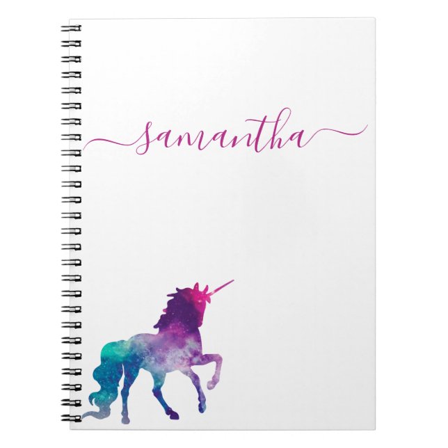 Carnet Unicorne violet rose blanc monogramme script (Devant)