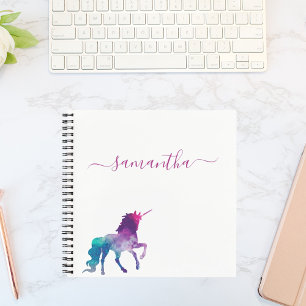 Carnet Unicorne violet rose blanc monogramme script