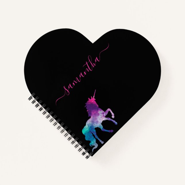 Carnet Unicorne violet rose noir script monogramme (Devant)