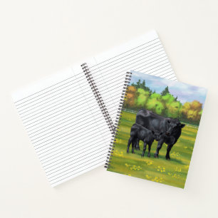 Carnet Vache d'Angus noir et veau mou en pâturage d'été