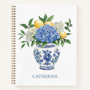 Carnet Vase Chinoiserie Bleu et Blanc avec hydrangées