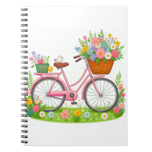 Carnet Vélo de printemps avec fleurs et oiseaux (Devant)