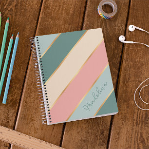 Carnet Vert sauge personnalisé Pastel Rose Rayure Or