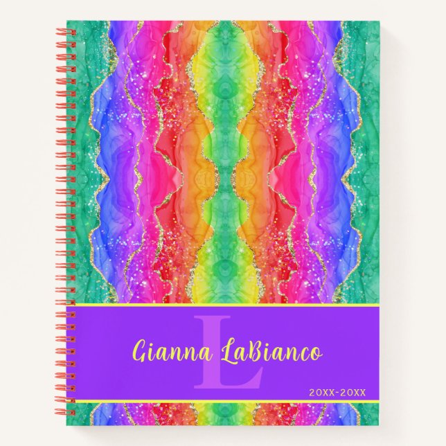 Carnet Vibrant Rainbow Gem Agate Aquarelle Parties scinti (Devant)