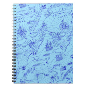 Carnet Vieille carte marine bleue navires et boussole