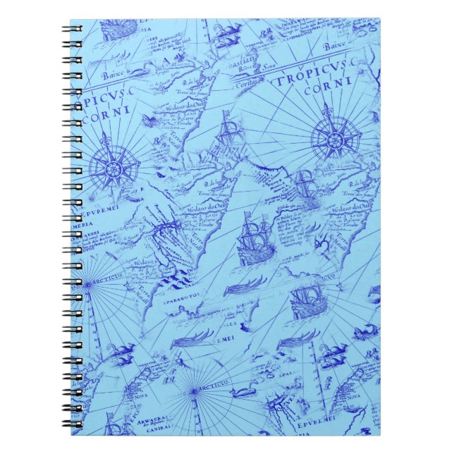 Carnet Vieille carte marine bleue navires et boussole (Devant)