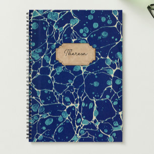 Carnet Vintage Bleu Antique Marbré Design Nom Étiquette