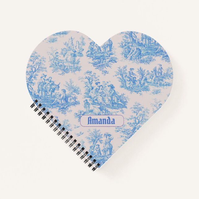 Carnet Vintage bleu turquoise toile jouy monogramme (Devant)