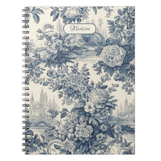 Carnet Vintage chic floral Bleu toile de jouy monogramme