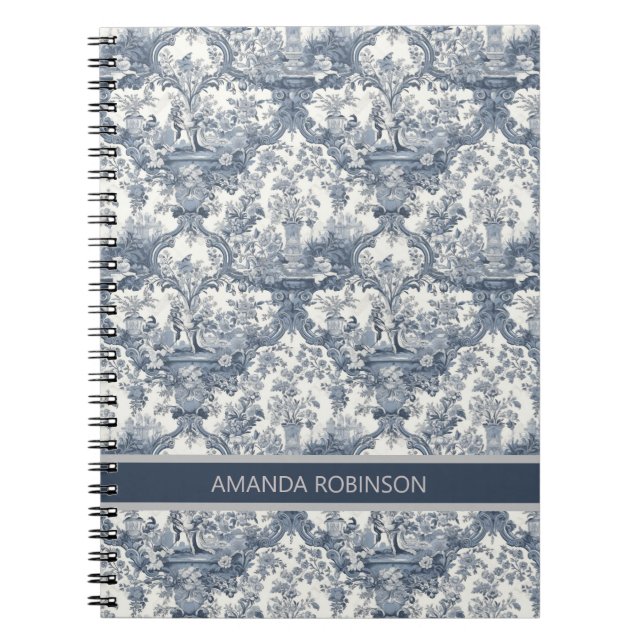 Carnet Vintage damas à fleurs Bleu toile de jouy monogram (Devant)