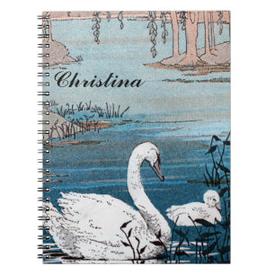 Carnet Vintage Élégant Blanc Mère Swan Baby dans le lac