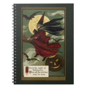 Carnet Vintage Halloween Witch Riding Broomstick with Cat