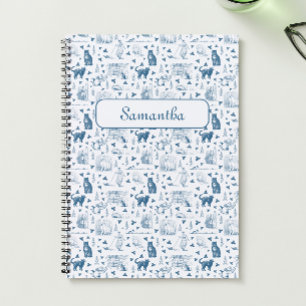 Carnet Vintage Retro Toile Motif Chat Catnip Blanc Bleu