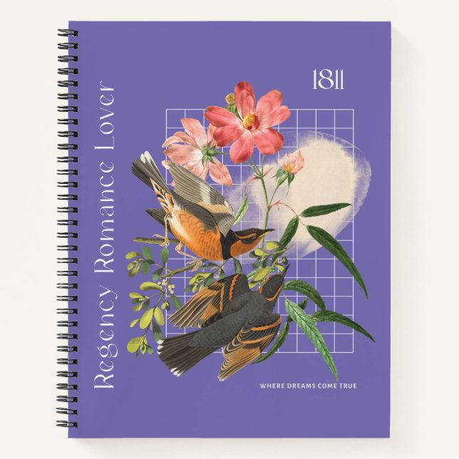 Carnet Violet avec oiseaux et motif de fleurs (Devant)