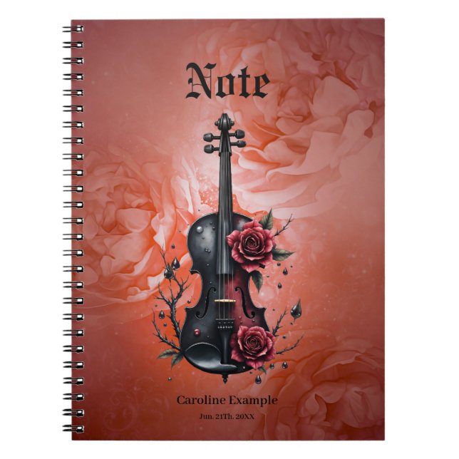Carnet Violon noir gothique aux roses rouges (Devant)