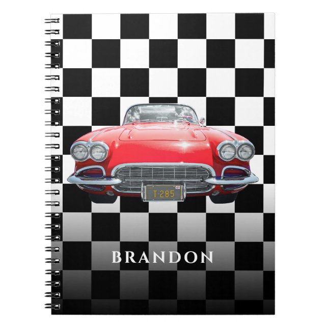 Carnet Voiture de sport rouge, nom blanc, damier noir et  (Devant)