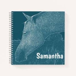 Carnet Votre nom Cheval Moderne Blanc sur Bleu Vert Turqu