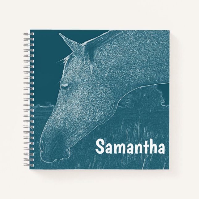 Carnet Votre nom Cheval Moderne Blanc sur Vert Bleu Turqu (Devant)