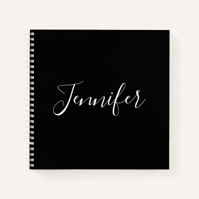 Carnet Votre nom | Élégant script blanc sur noir (Devant)