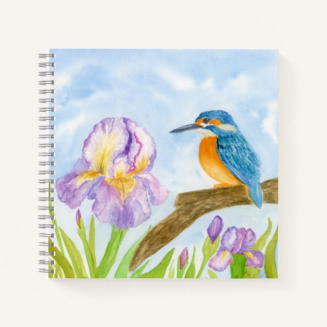 Carnet Watercolor Kingfisher with Purple Irises  (Devant)