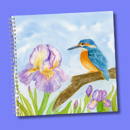 Carnet Watercolor Kingfisher with Purple Irises 