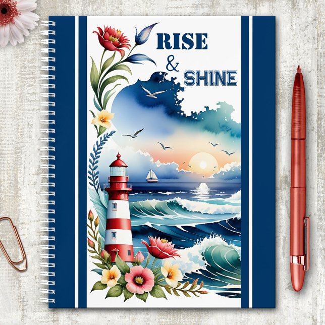 Carnet Watercolor Lighthouse Beach Nautique (Nautical notebook featuring a watercolor painting of a lighthouse with colorful flowers at sunrise)