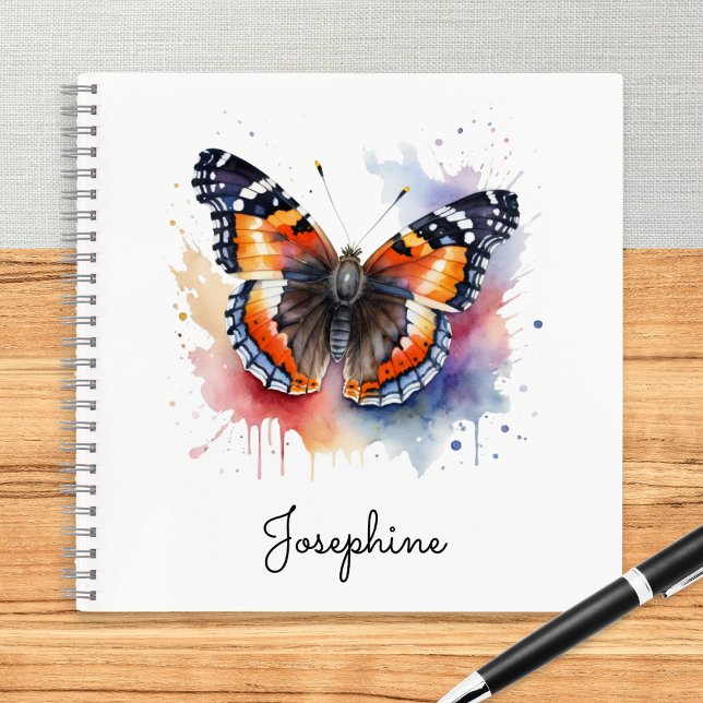 Carnet Watercolor Red Admiral Butterfly Personalized (A personalized notebook featuring an illustration of a red admiral butterfly in a watercolor style)