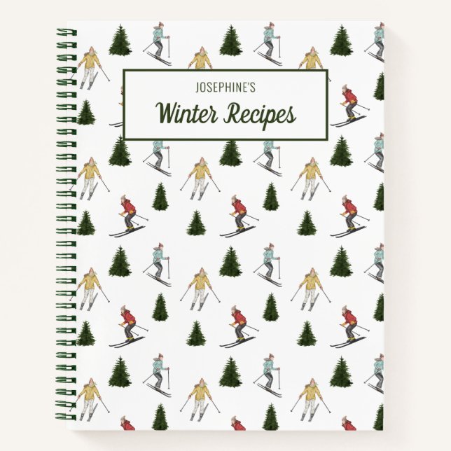 Carnet Watercolor Skiers Pattern Custom Winter Recipes (Devant)