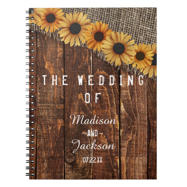 Carnet Wedding planner de tournesol en bois rustique et B (Devant)
