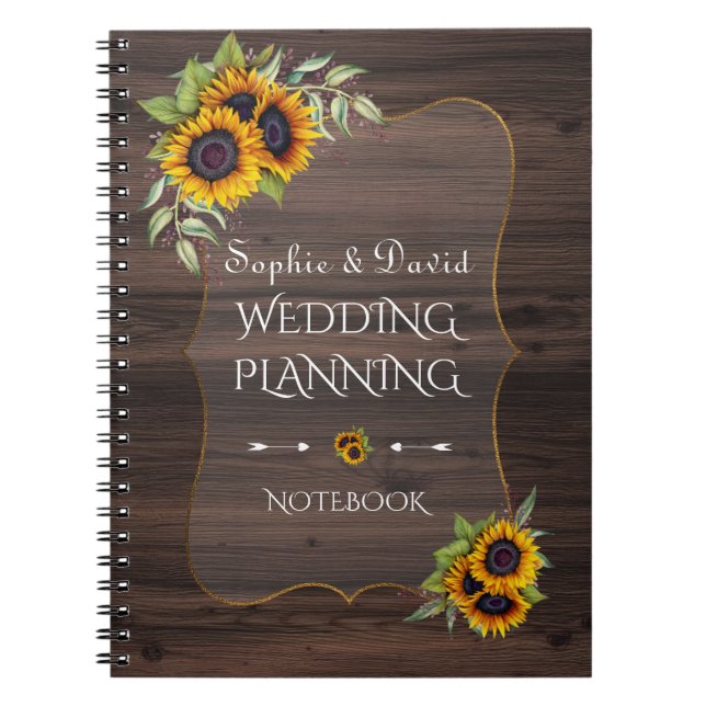 Carnet Wedding planner en bois de tournesols romantique (Devant)