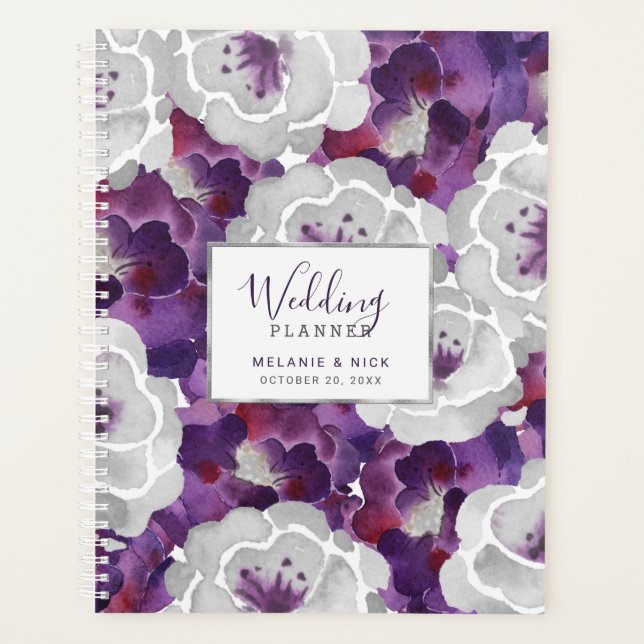 Carnet Wedding planner floral d'argent violet (Devant)