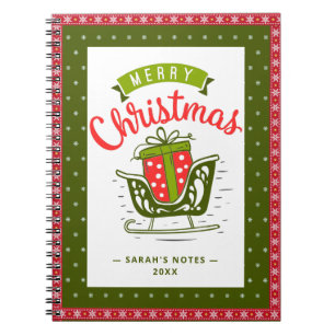 Carnet Xmas Sleigh Red Green Ribbon Snowflake Custom Text
