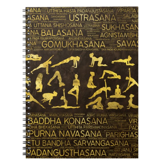 Carnet Yoga Asanas d'or/art Sanskrit mot de poses (Devant)