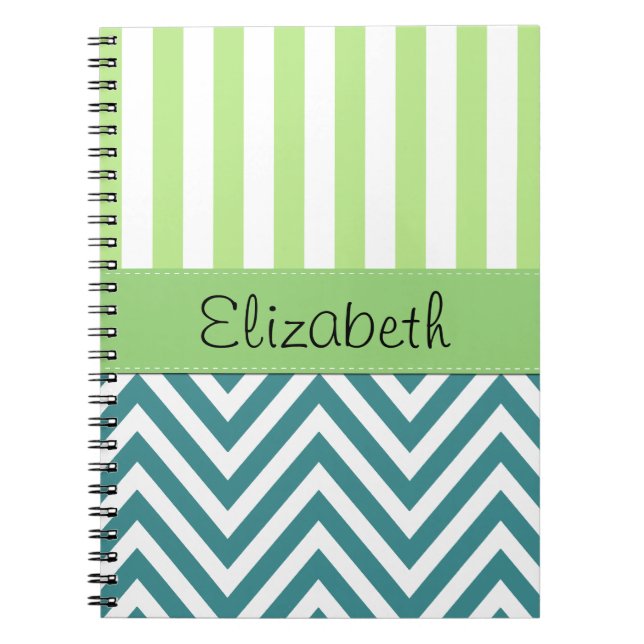 Carnet Zigzag Bleu, Chevron, Grandes Vertes, Votre Nom (Devant)