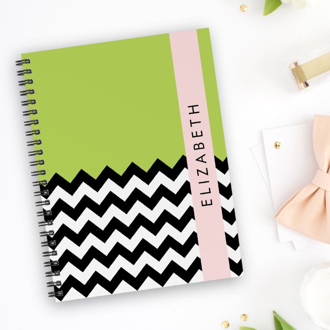 Carnet Zigzag noir et blanc, Chevron, Vert, Votre nom (Créateur téléchargé)