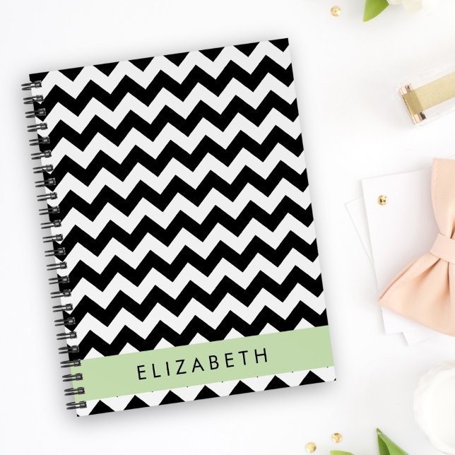 Carnet Zigzag noir et blanc, Motif Chevron, Votre nom (Créateur téléchargé)