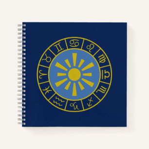 Carnet Zodiac Soleil Roue+Symboles Astrologiques Or+Blues