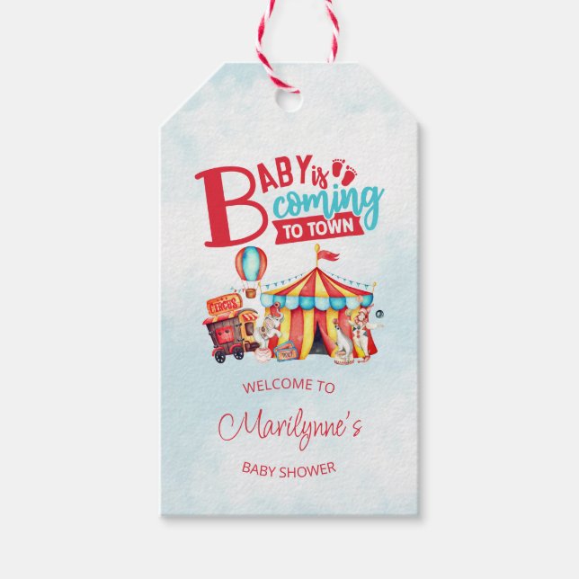 Carnival Circus Blue Baby Dusche Geschenkanhänger (Vorderseite)